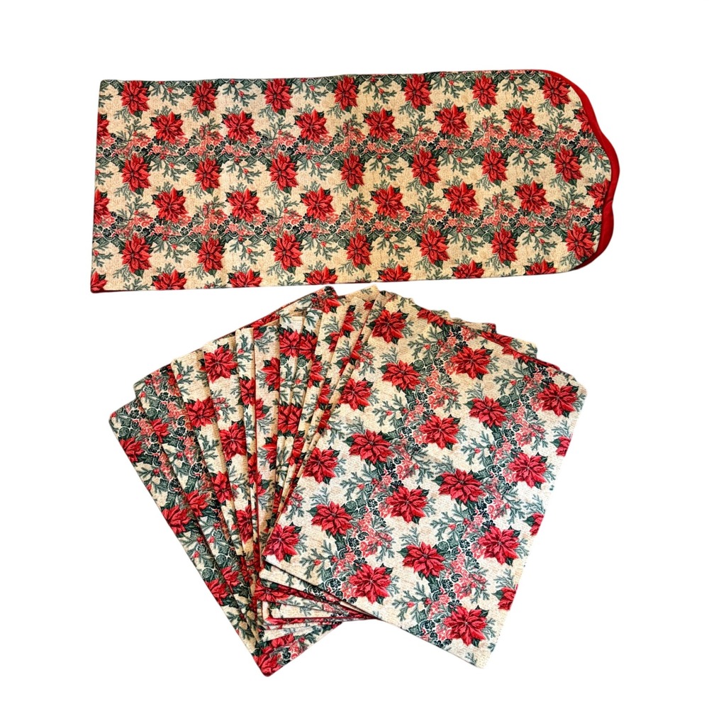 Handmade Table Runner & 12 Placemats Set Red Poinsettia‎ Christmas Reversible